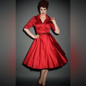 Pinup Couture PUG Deadly Dames Haunted Housewife Dress In Dark Red Size S